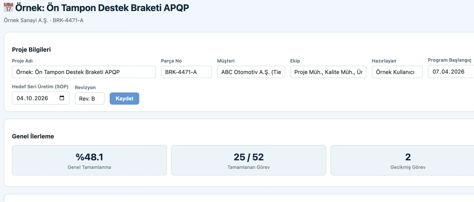 APQP — Proje bilgileri & ilerleme